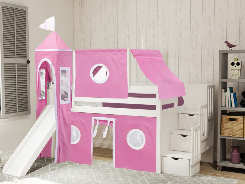 pink and white bunk beds