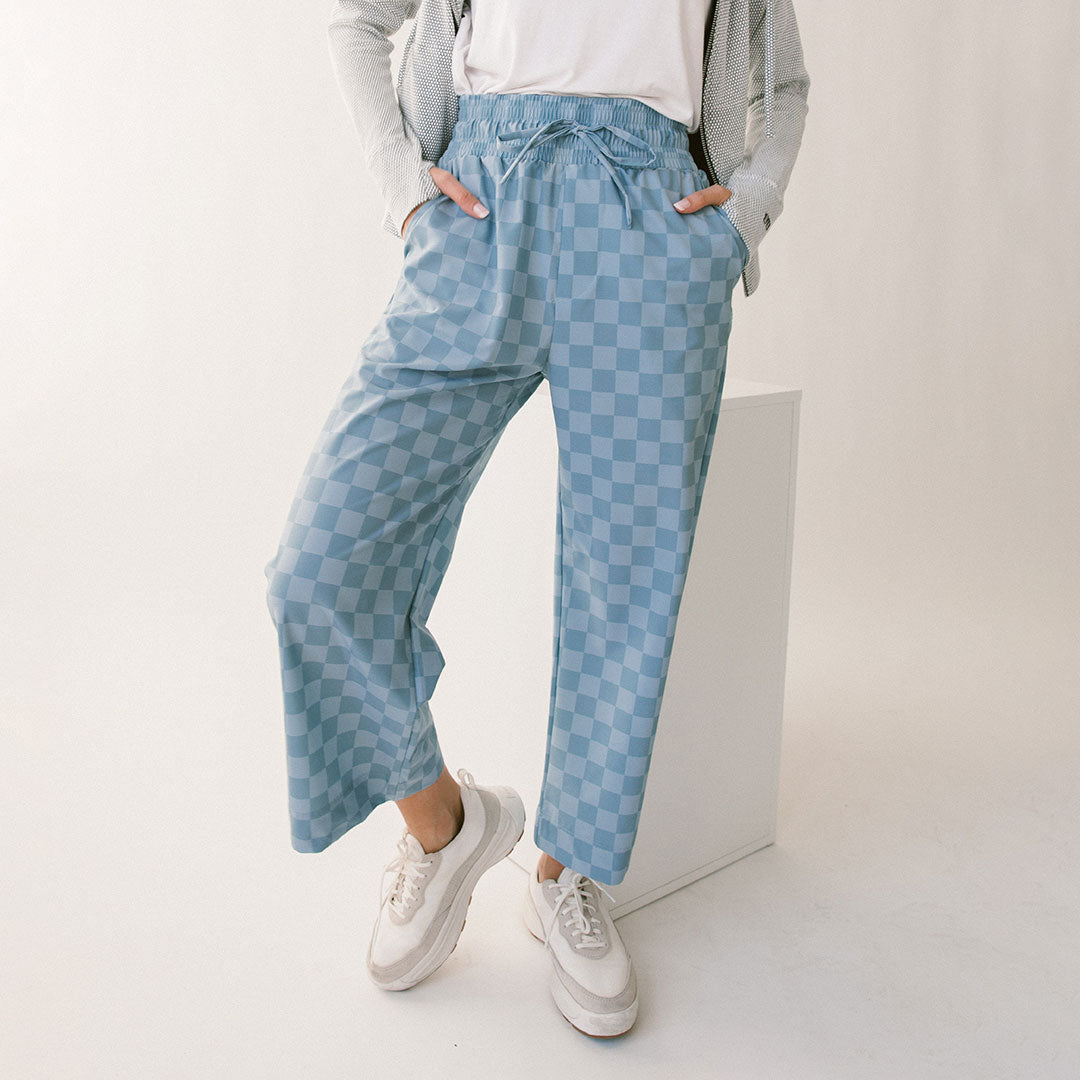 Audrey Wide Leg Pants, Blue Checkers