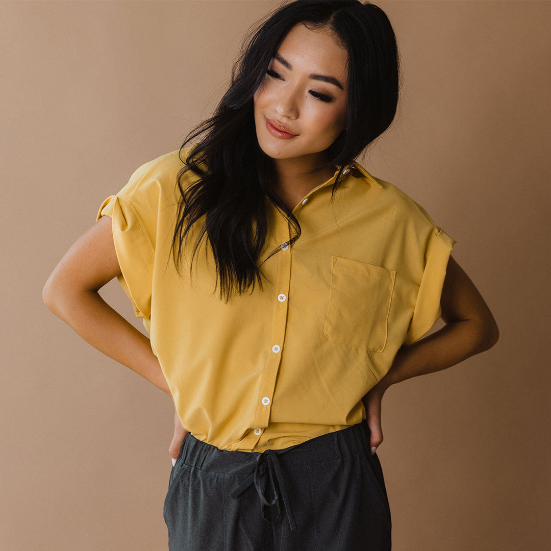 yellow button down blouse