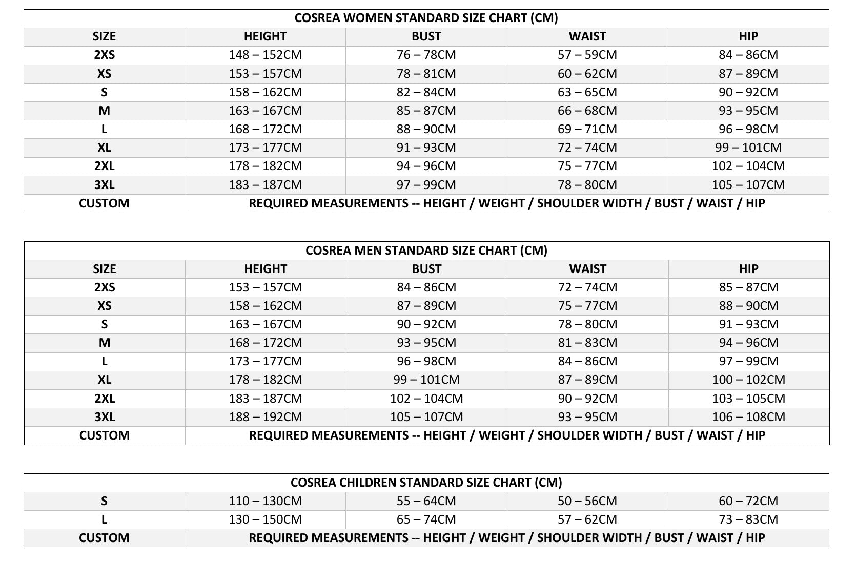 Cos Size Chart