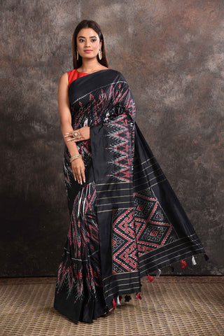 Black Ikkat Silk Sari with Zari Stripes Pallu