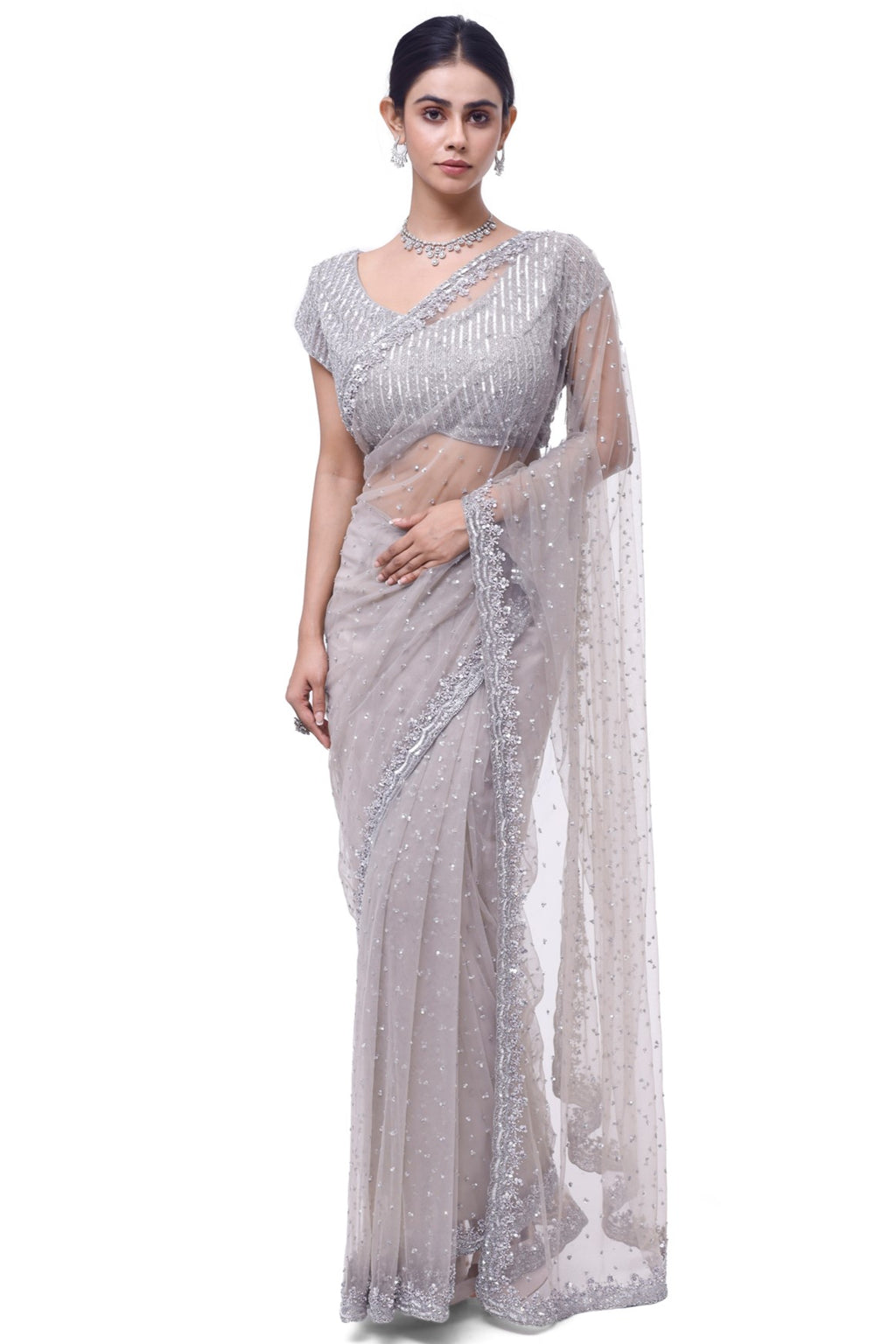 90Y035-RO Off-White Embroidered Net Saree with Blouse