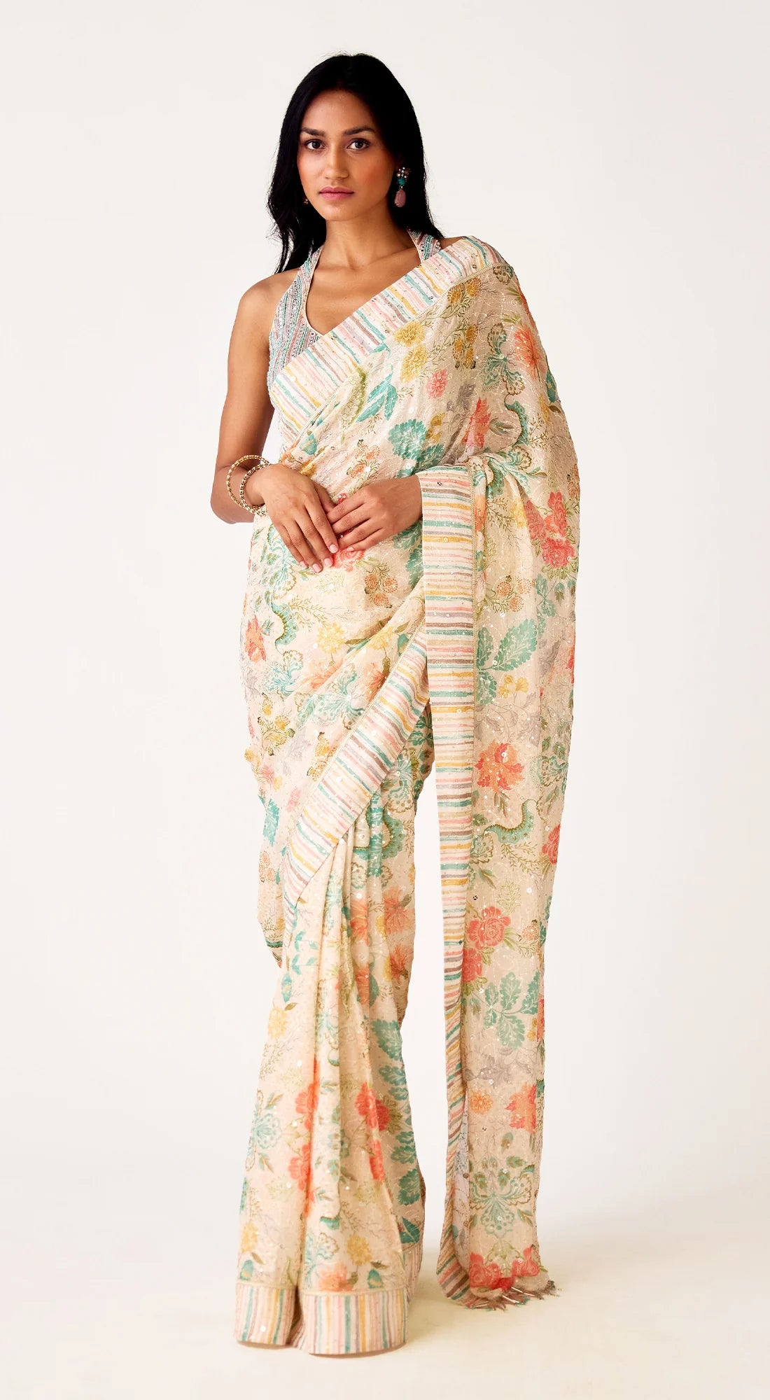 52A193 Ivory Embroidered Georgette Saree With Blouse
