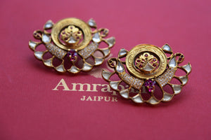 Shop these traditional Indian earrings from Amrapali which are silver gold plated with glass. Perfect for any wedding, reception or sangeet available online or from Pure Elegance store in USA. Top View.