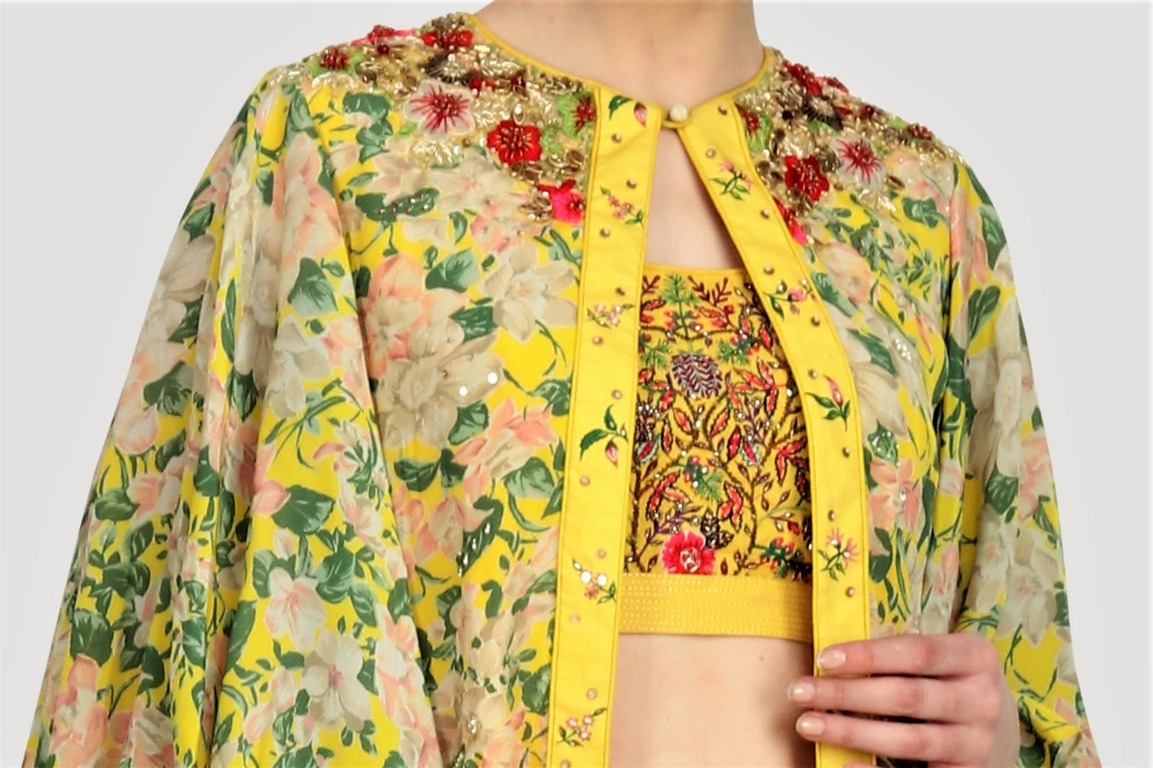 Buy Online Yellow Printed & Embroidered Blouse with Cape and Sharara ...