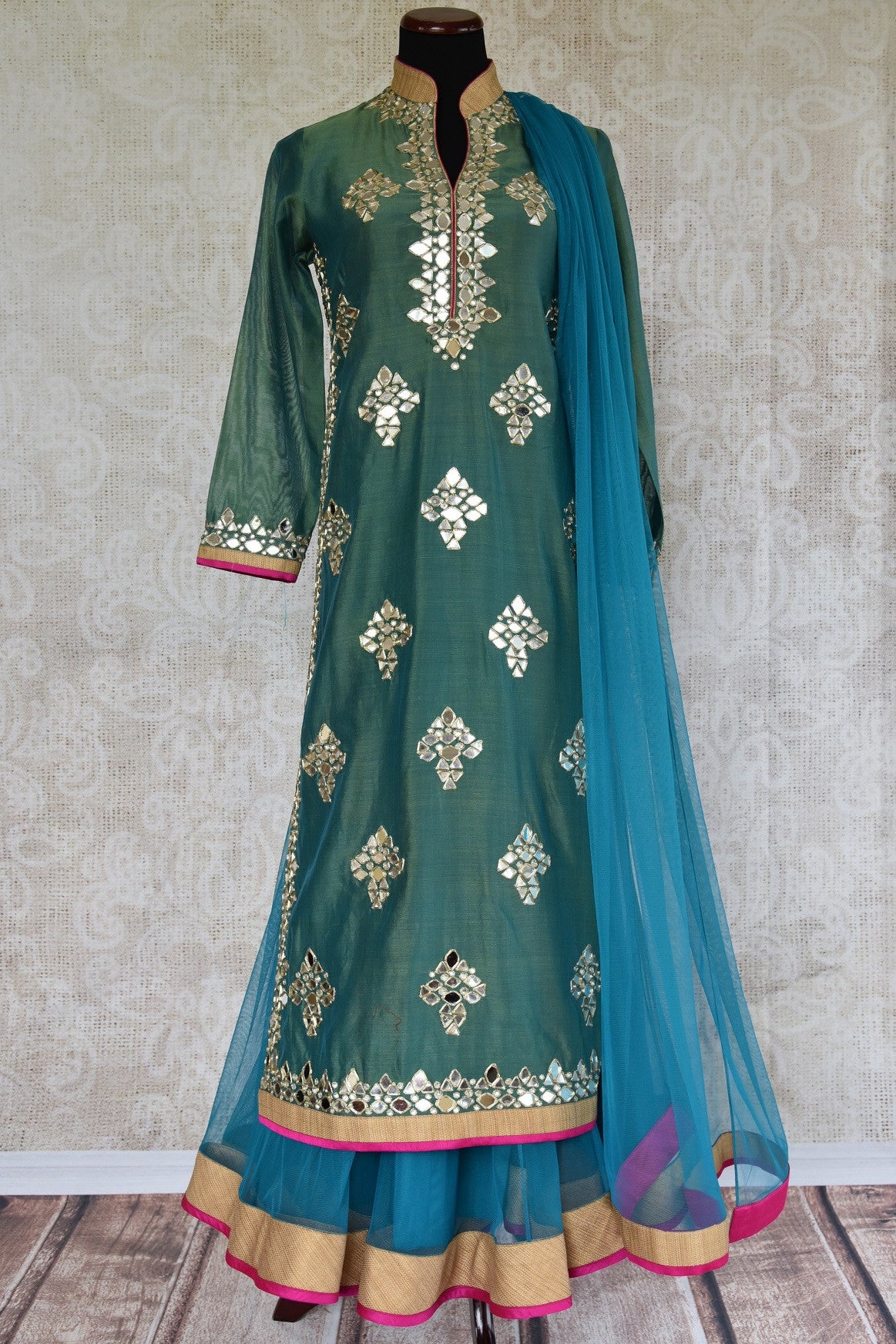 500867 Indian Ethnic Green Suit with Fancy Band Collar Glass Applique ...