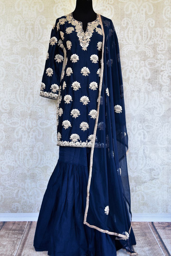 Buy Online Navy Blue Embroidered Cotton Linen Sharara Suit with Dupatta ...