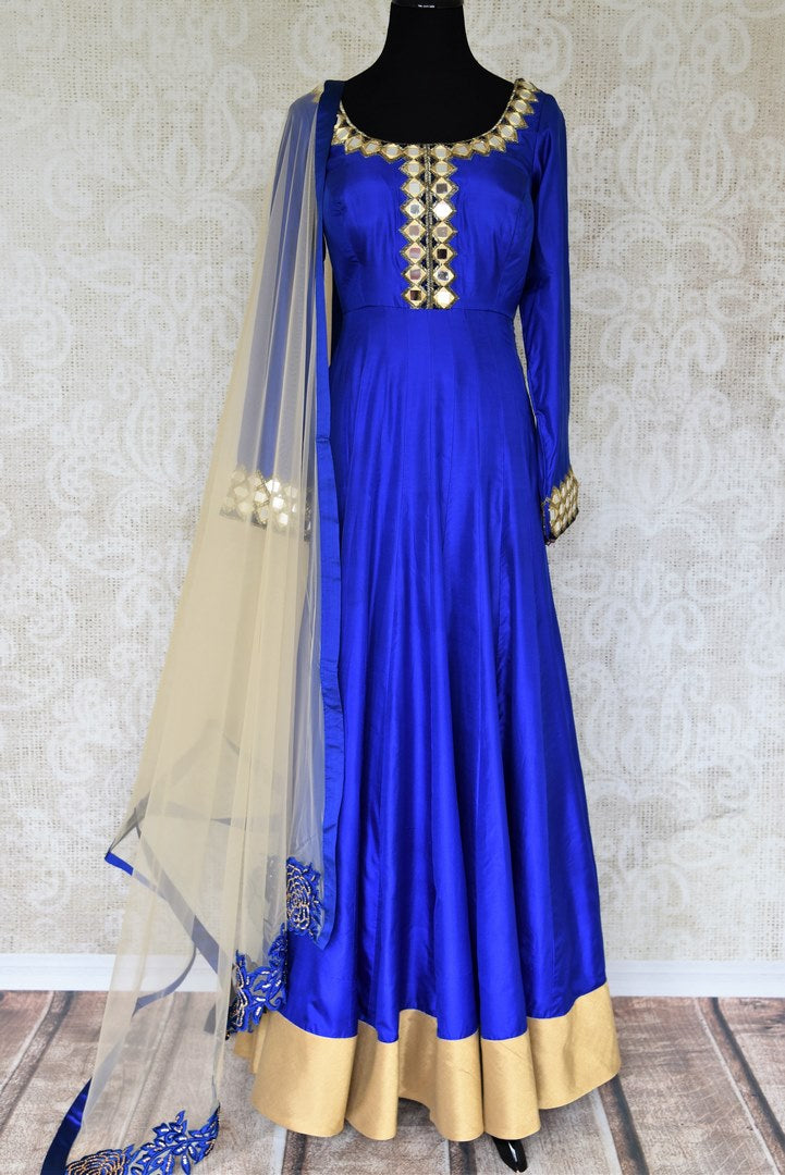Blue Silk Mirror Work Anarkali Suit 