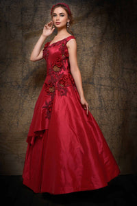 red embroidered gown