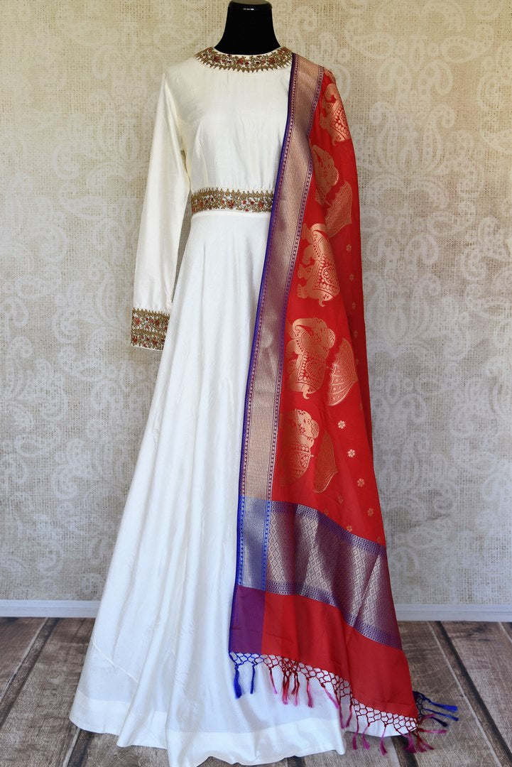 white anarkali suit with red dupatta