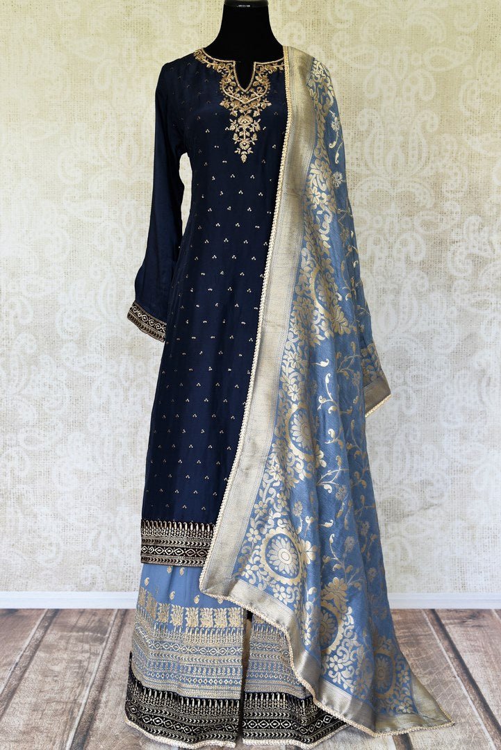 Buy Online Navy Blue Zardozi Embroidery Silk Suit |Light Blue Palazzo ...