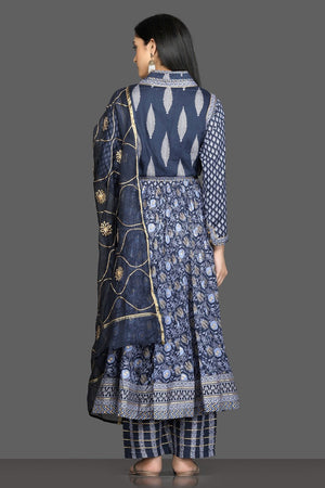 Shop beautiful blue printed silk suit online in USA with waist coat and dupatta. Shop for parties and festive occasions stunning designer suits, Anarkali suits, designer gowns, wedding lehengas from Pure Elegance Indian fashion store in USA.-back