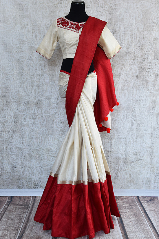 White And Red Tussar With ConceptSaree Blouse – Pure Elegance