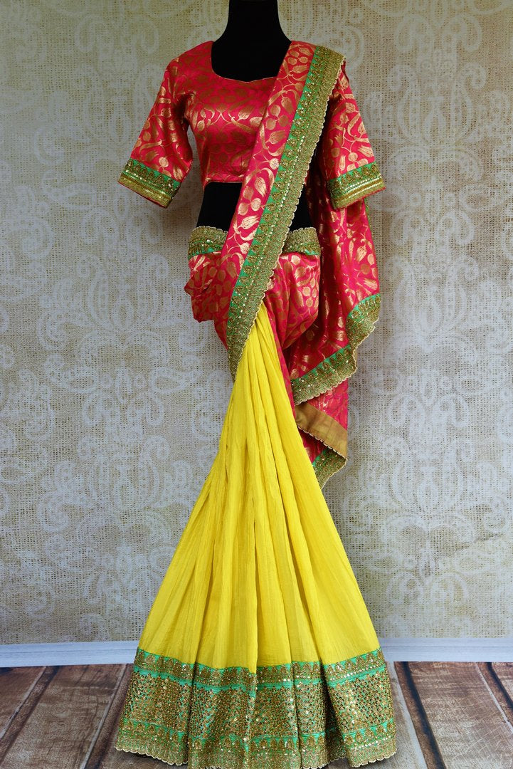 Buy Yellow And Pink Half Banarasi And Half Silk Embroidered Saree Online Pure Elegance