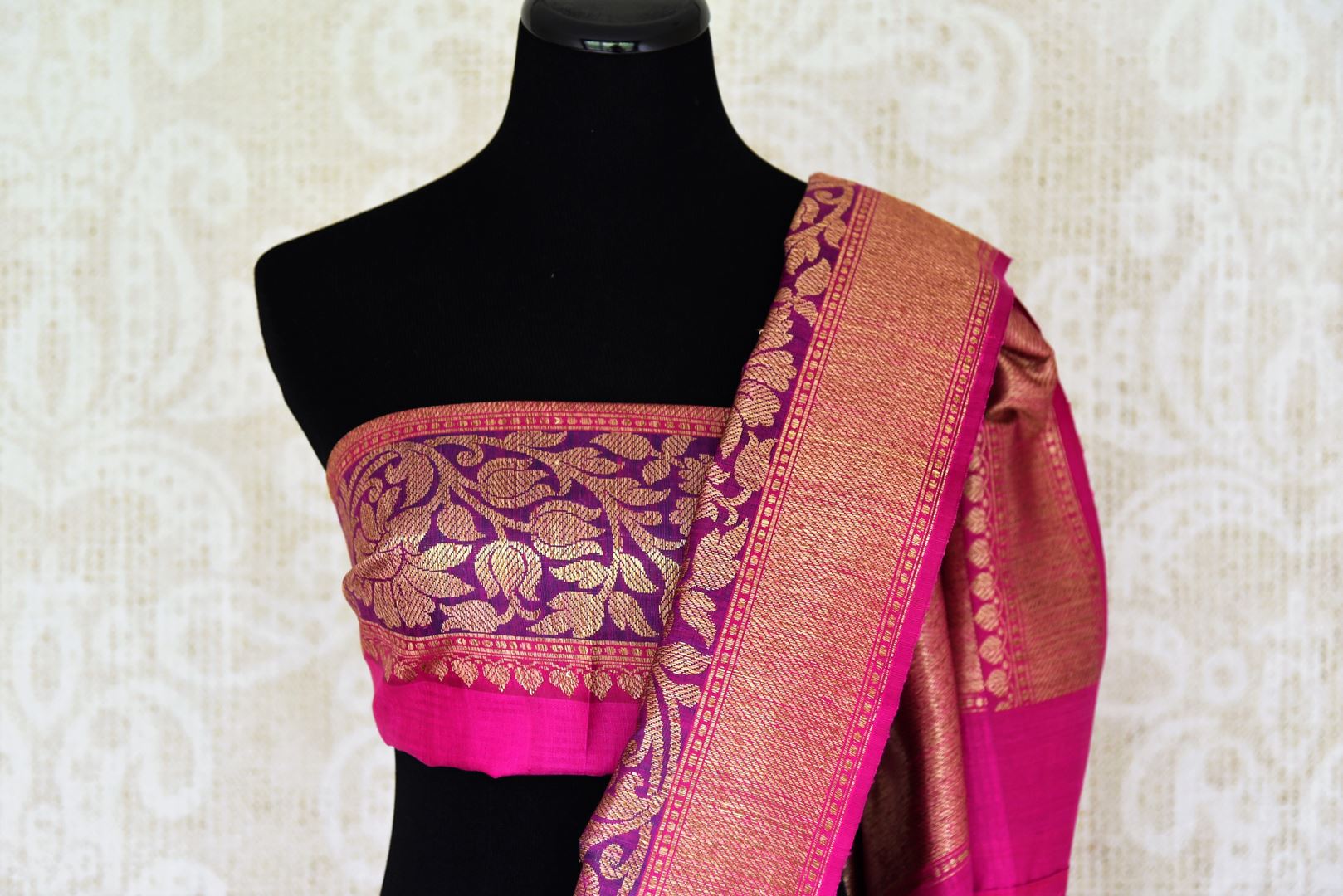 Shop orange pink tussar Banarasi sari with zari border online in USA. If you are heading to an Indian wedding and all you want is a rich traditional style then look no further than Pure Elegance Indian fashion store in USA. We have an exclusive range of Indian designer saris, traditional Banarasi sarees, silk saris and much more.-blouse pallu