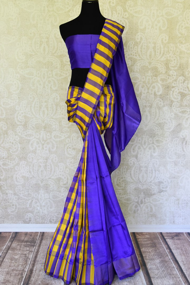 Buy Blue And Yellow Half Check And Half Plain Kanjivaram Saree Online Pure Elegance