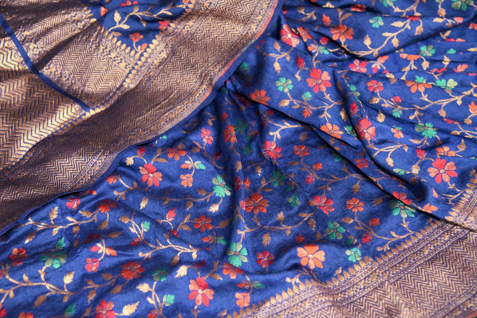 Buy Online Dark Blue Muga Banarasi Saree with Minakari Zari Floral Jaal ...