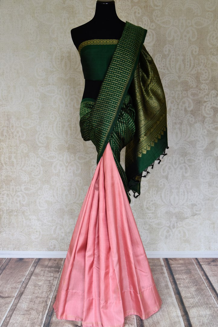 Shop Green And Pink Half And Half Kanjeevaram Saree Online In Usa Pure Elegance