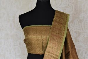 Shop metallic green linen saree online in USA with embroidery. Be the talk of the occasions in exquisite linen sarees, embroidered saris from Pure Elegance Indian fashion store in USA. -blouse pallu