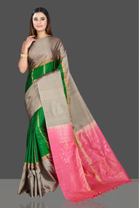 Buy beautiful green Mysore silk saree online in USA with grey border and pink zari pallu. Look traditional on special occasions and weddings in gorgeous silk sarees, Kanjivaram sarees, south silk sarees, handloom silk sarees from Pure Elegance Indian saree store in USA.-full view