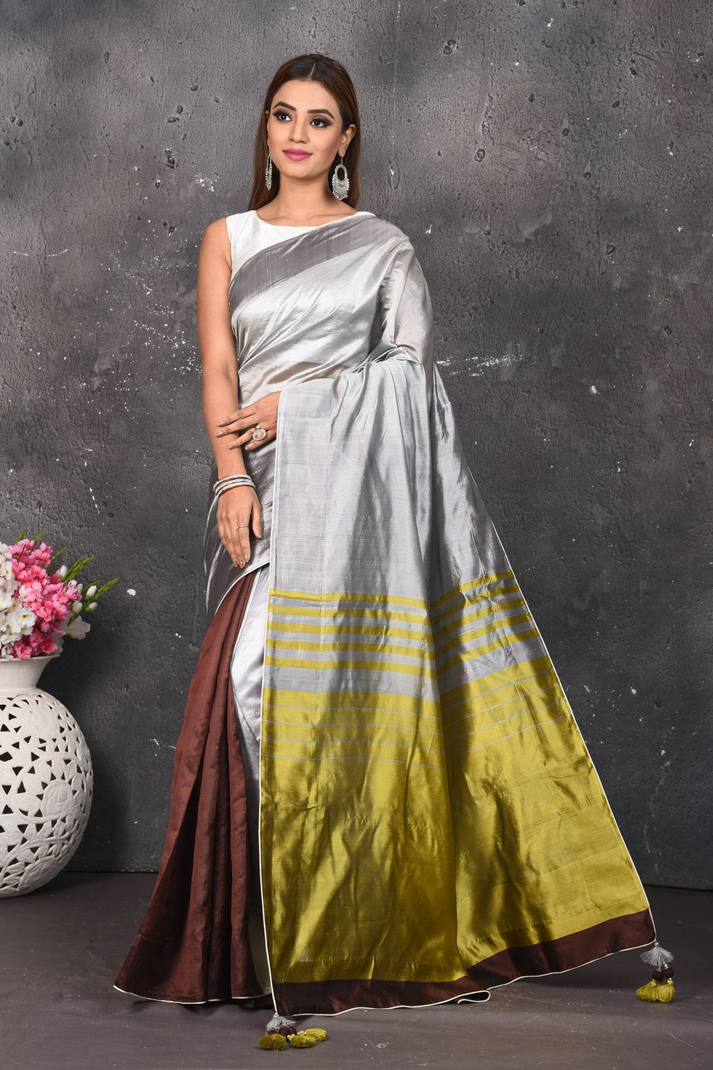 Shop stunning grey and brown matka silk saree online in USA with green pallu. Keep your ethnic wardrobe up to date with latest designer sarees, pure silk sarees, Kanchipuram silk sarees, handwoven saris, tussar silk sarees, embroidered saris from Pure Elegance Indian saree store in USA.-full view