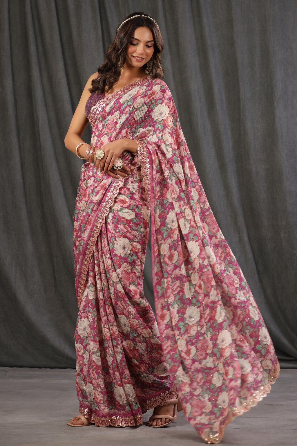 Jaanvi fashion Women's Pure Crepe Silk Printed Saree with Unstitched Blouse  Piece