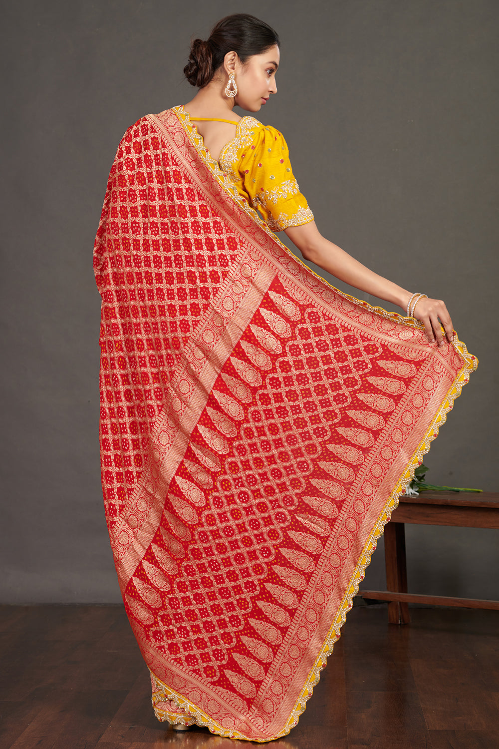 Red Bandhani on Crepe Saree with Mirror Work – Naina Jain