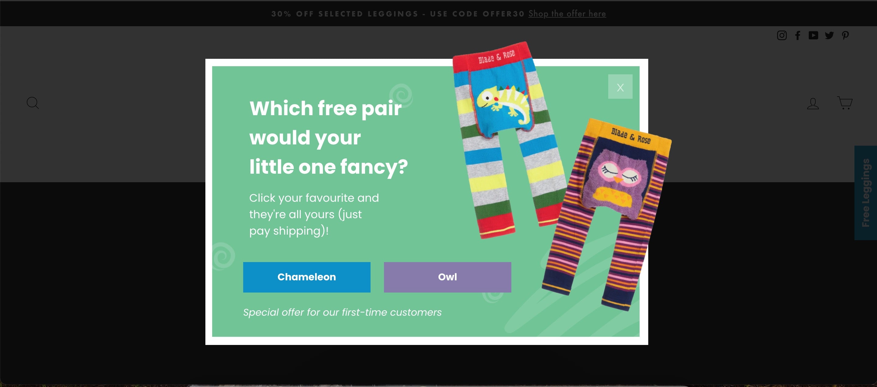 Pop-up that asks customers which pair of free leggings they want. Then it shows two styles and customers can click which one they prefer from two buttons.