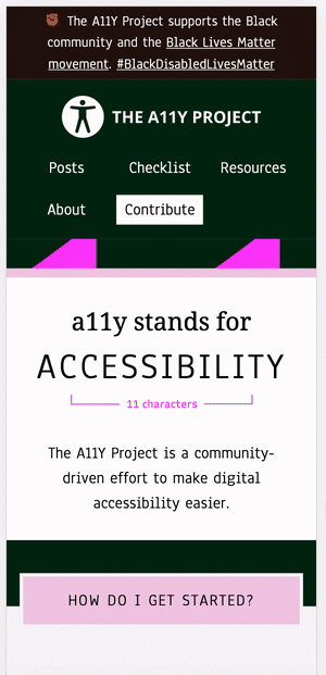 Short video showing how you can scroll through the A11Y website on your phone without accidentally hitting interactive elements.