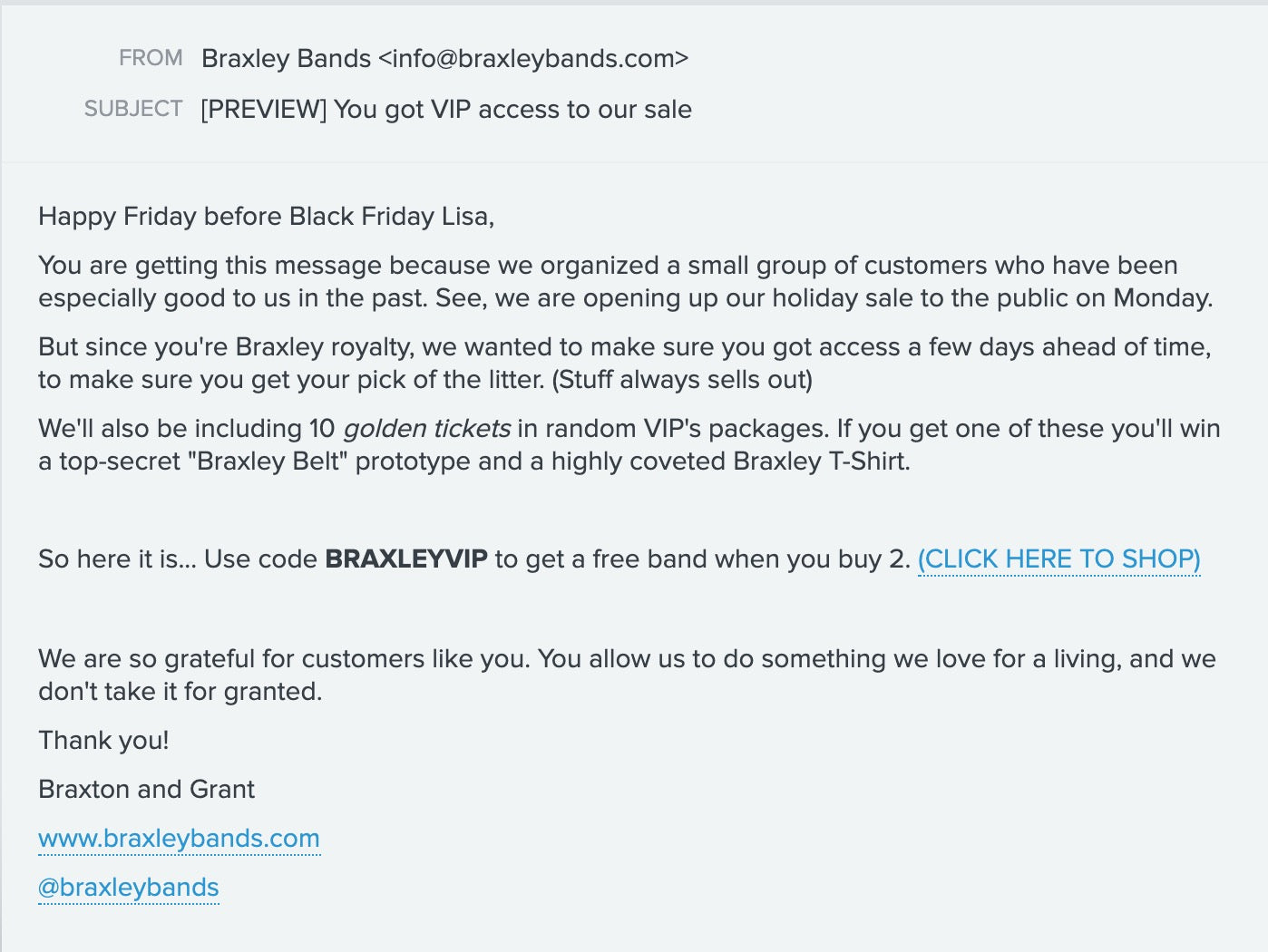 A plain text email from Braxley Bands that was sent to their loyal customers, offering them an early Black Friday deal