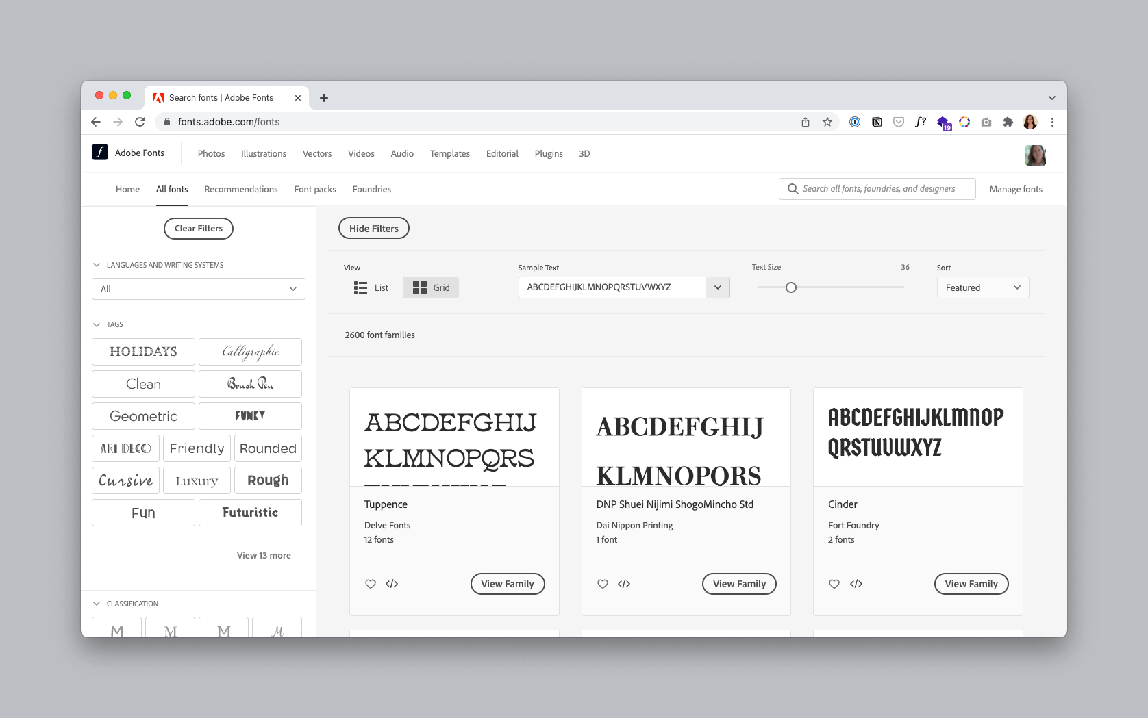 The font collection allows you to narrow your search by describing the font type, like Geometric, or Rounded.