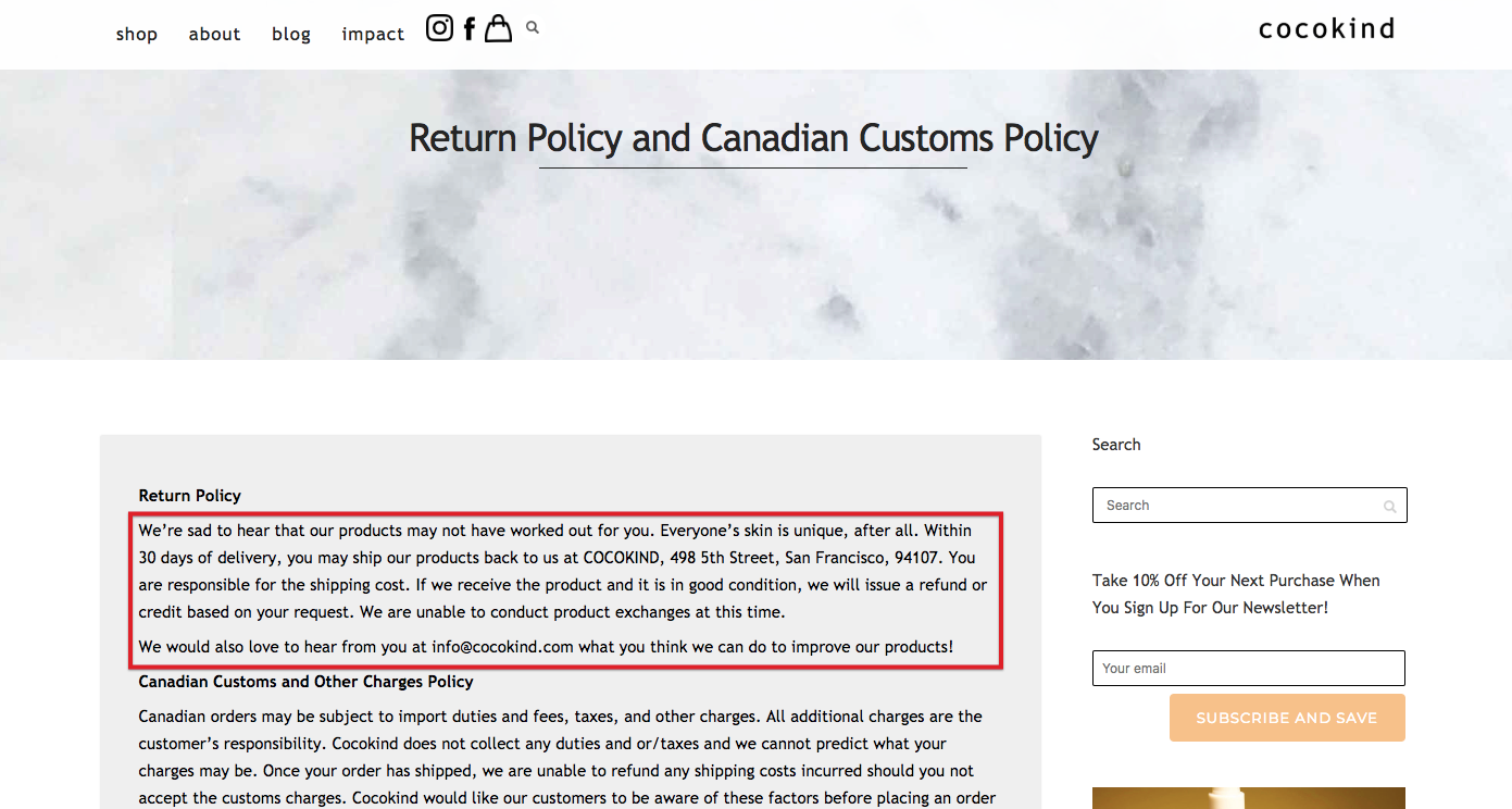 Screenshot of Cocokind's return policy