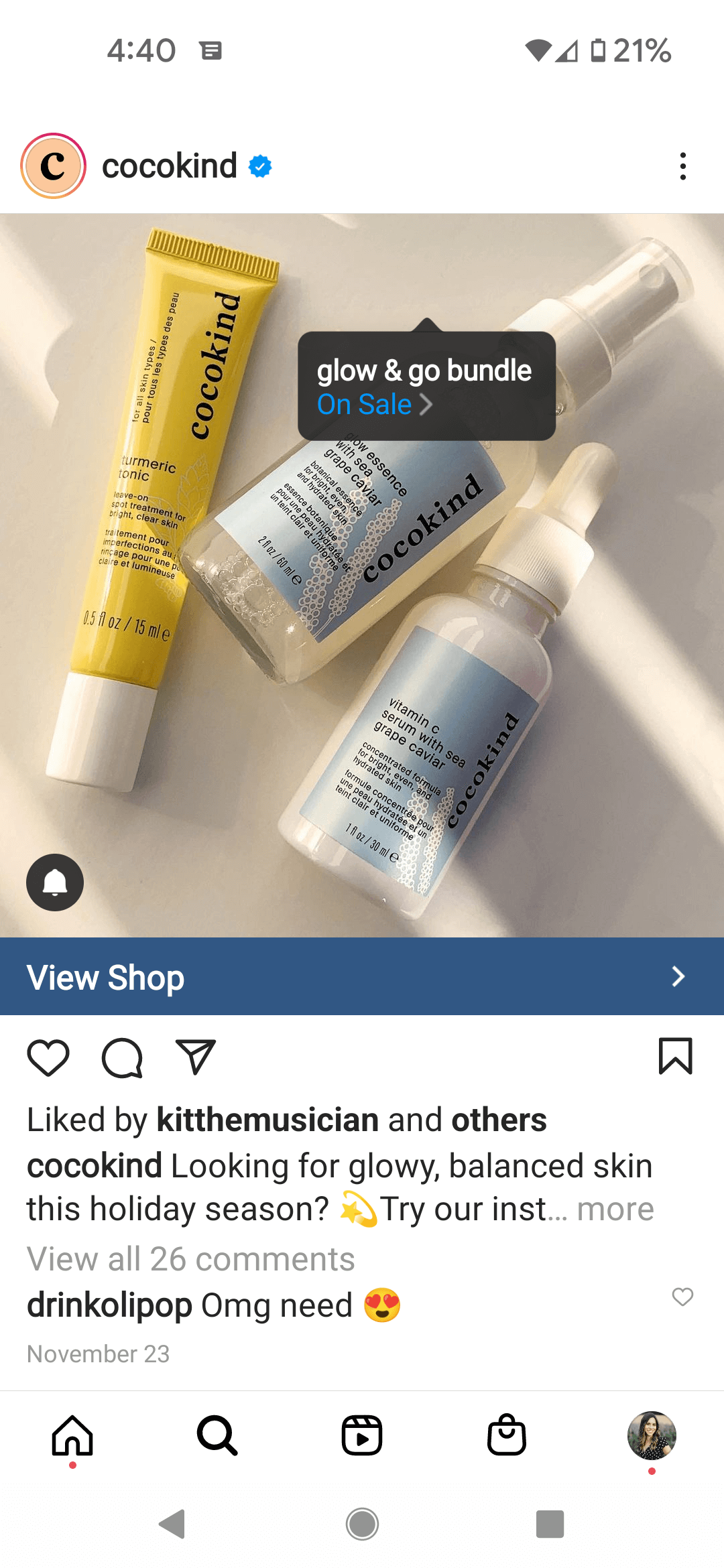 Screenshot of Cocokind's Instagram post where you can click to purchase the item