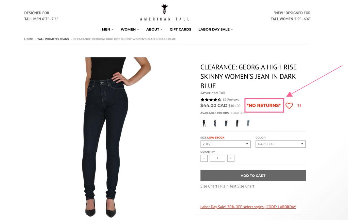 Screenshot of American Tall's product page on a pair of dark jeans that are on sale