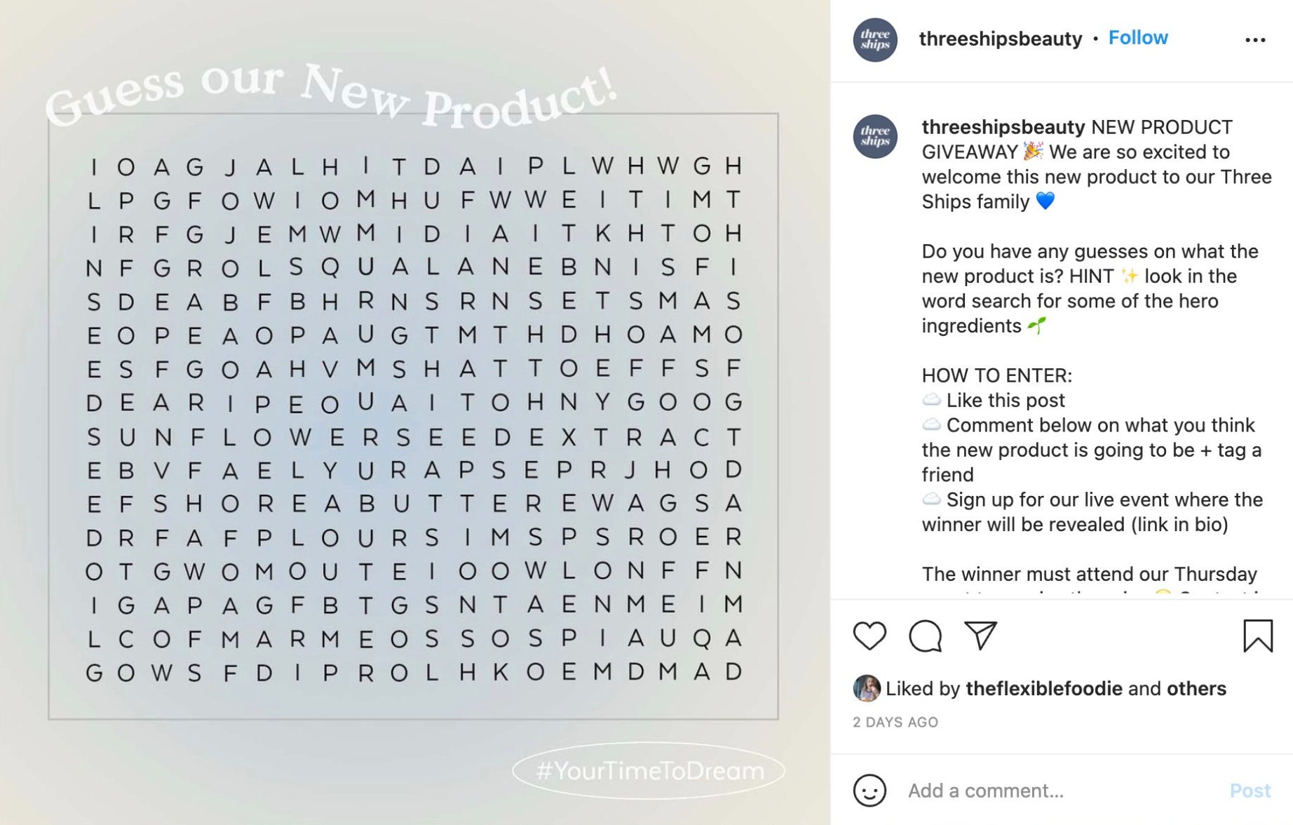Screenshot from Three Ships' Instagram post where they're teasing their new product launch. They share a word search game and ask customers to see if they can find their new product in it.