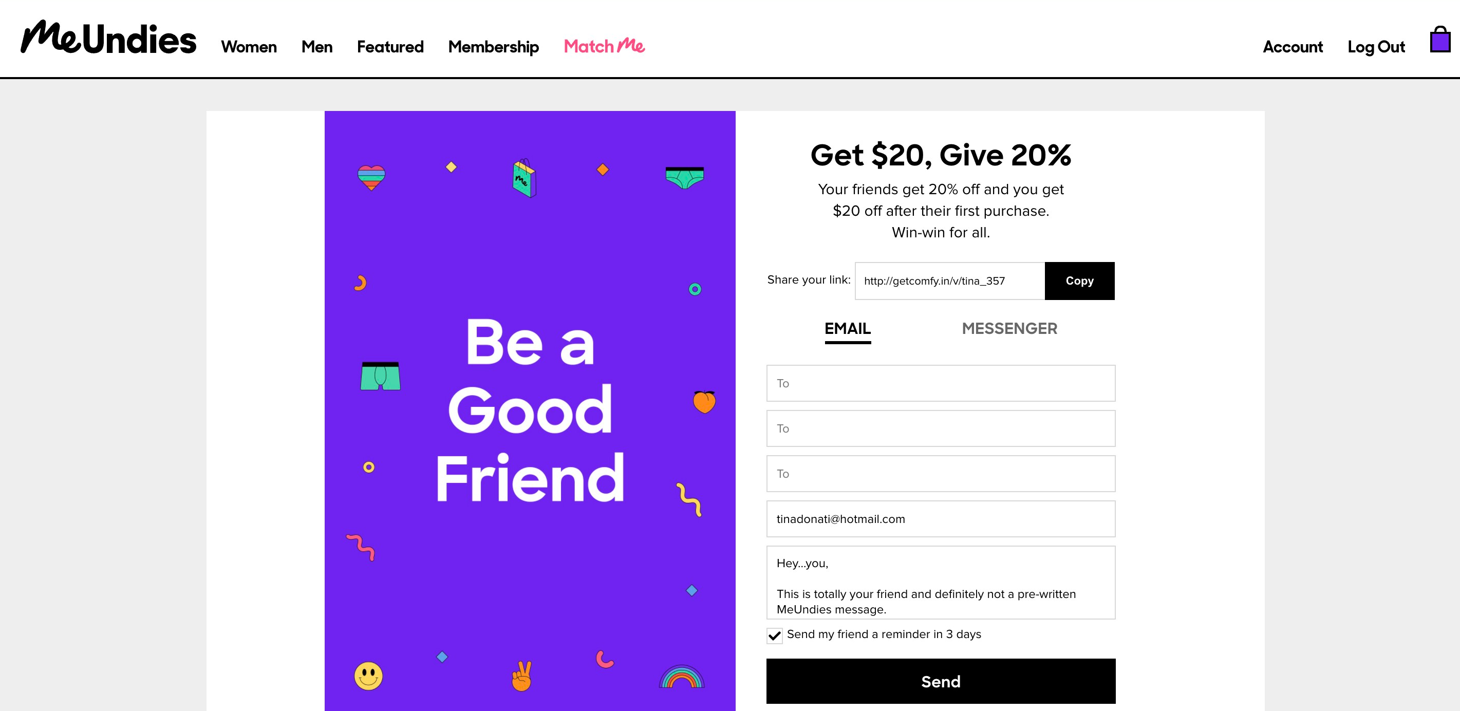 Screenshot of MeUndies referral program page where customers can send an email to refer their friends.