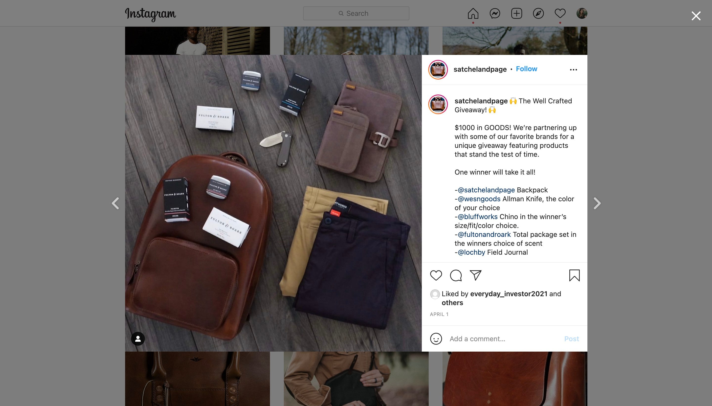 Screenshot of an Instagram post from Satchel & Page, which talks about their Instagram giveaway, how customers can get involved, and what brands they partnered with. 