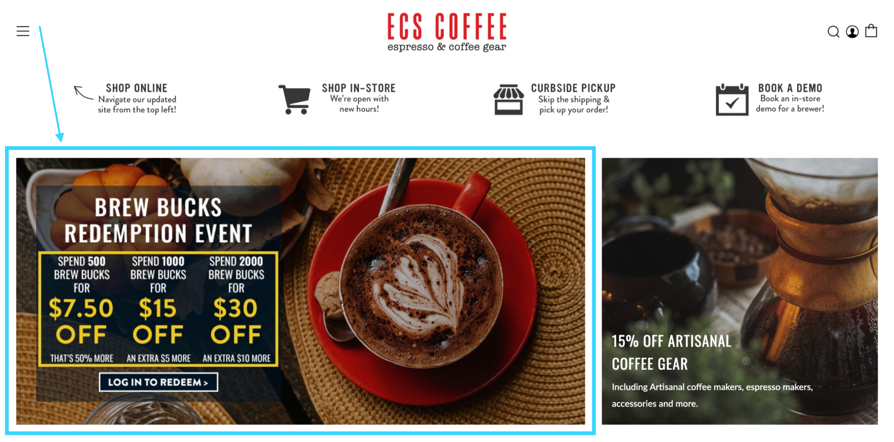 Screenshot of ECS Coffee's homepage. The banner announces their "Brew Bucks Redemption" campaign, where customers can get more discounts by spending their loyalty points.