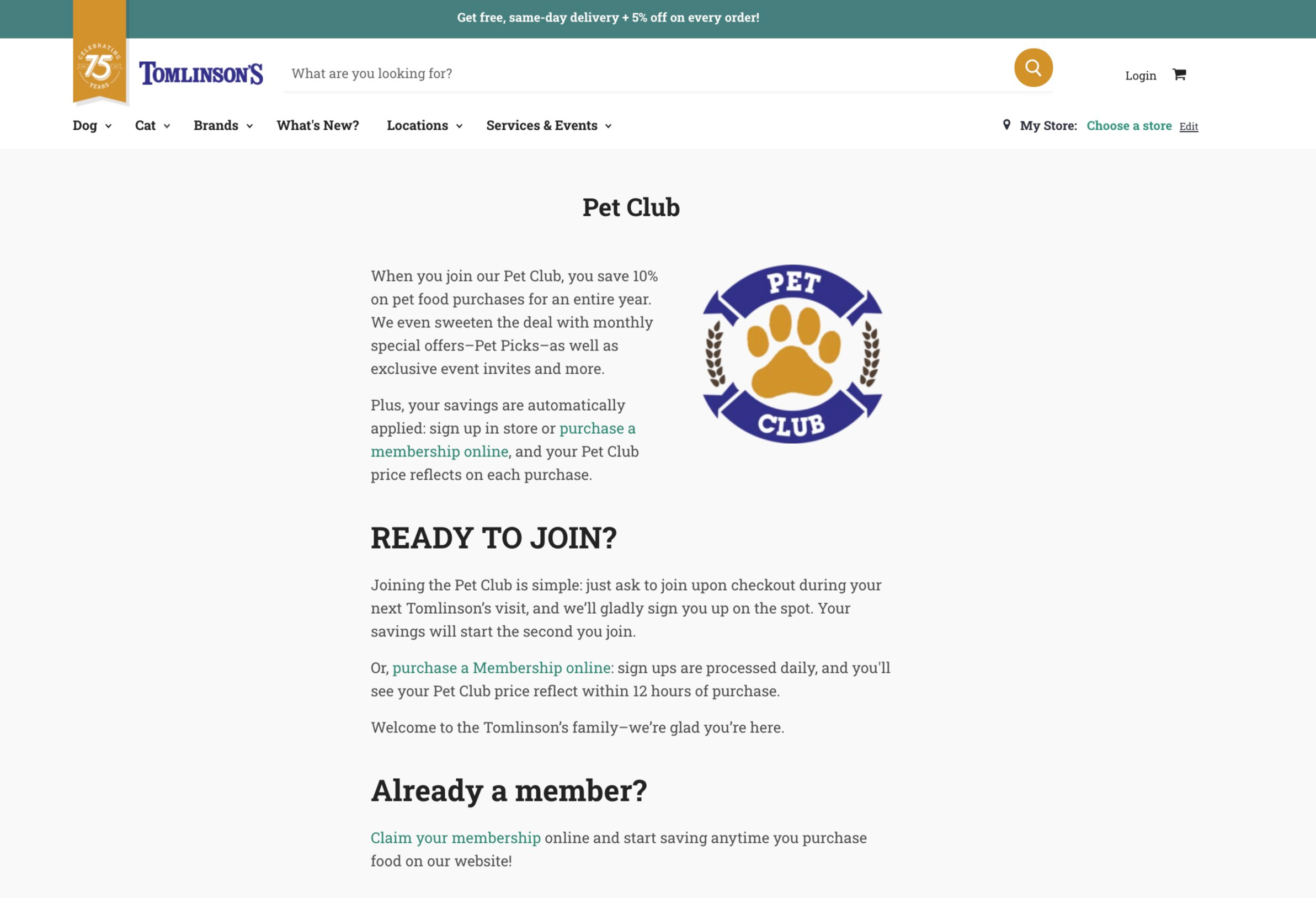 Screenshot of Tomlinson's Pet Club landing page, which shares the benefits of joining their membership program.