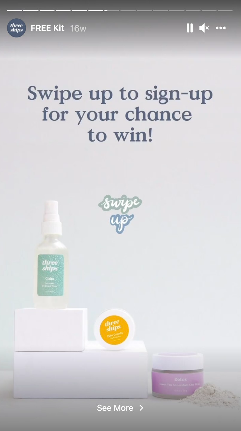 Instagram story from Three Ships that says "Swipe up to sign up for your chance to win." 