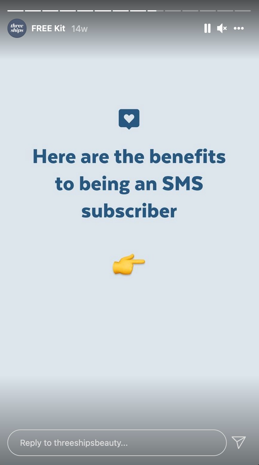 Screenshot from Three Ships' Instagram Story that says "Here are the benefits to being an SMS subscriber."