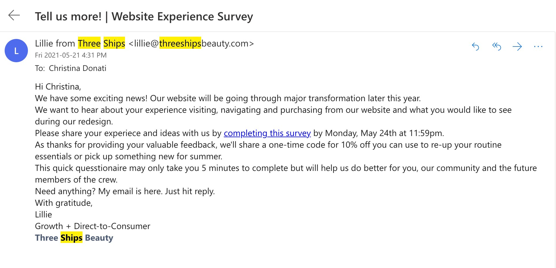 Screenshot of a plain text email from Lillie at Three Ships, asking customers to take a few minutes to fill out a survey and give feedback on their website.