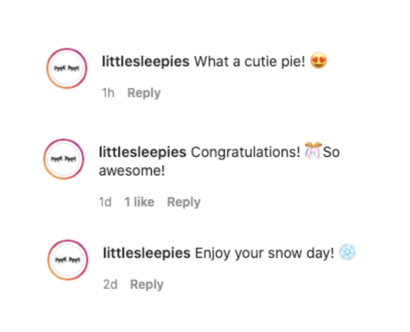Screenshot of Little Sleepies responding to shoppers on Instagram.