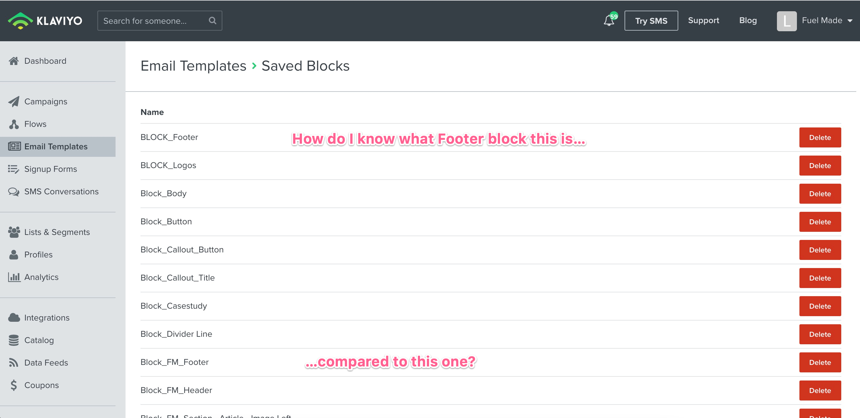 Screenshot of Klaviyo's saved blocks section in the template library