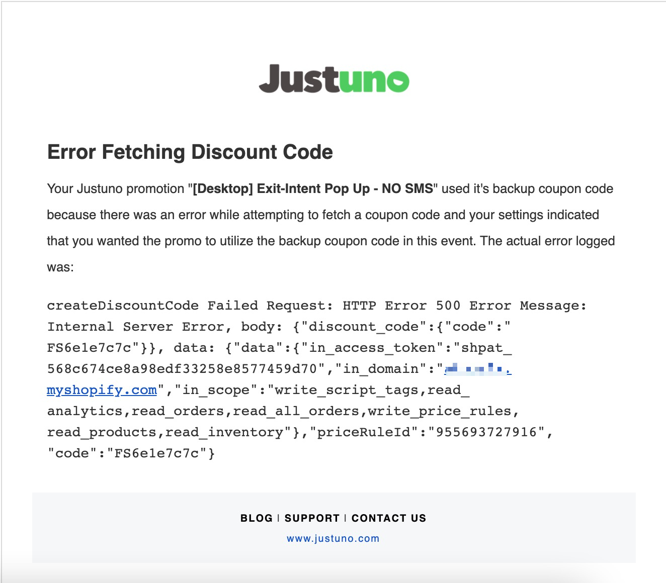 Screenshot of an error screen in Justuno