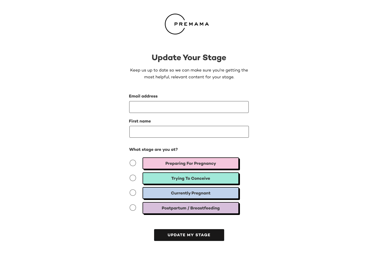 Landing page from Premama that asks customers to update their preferences on what type of email content they want and where they're at in their pregnancy stage.