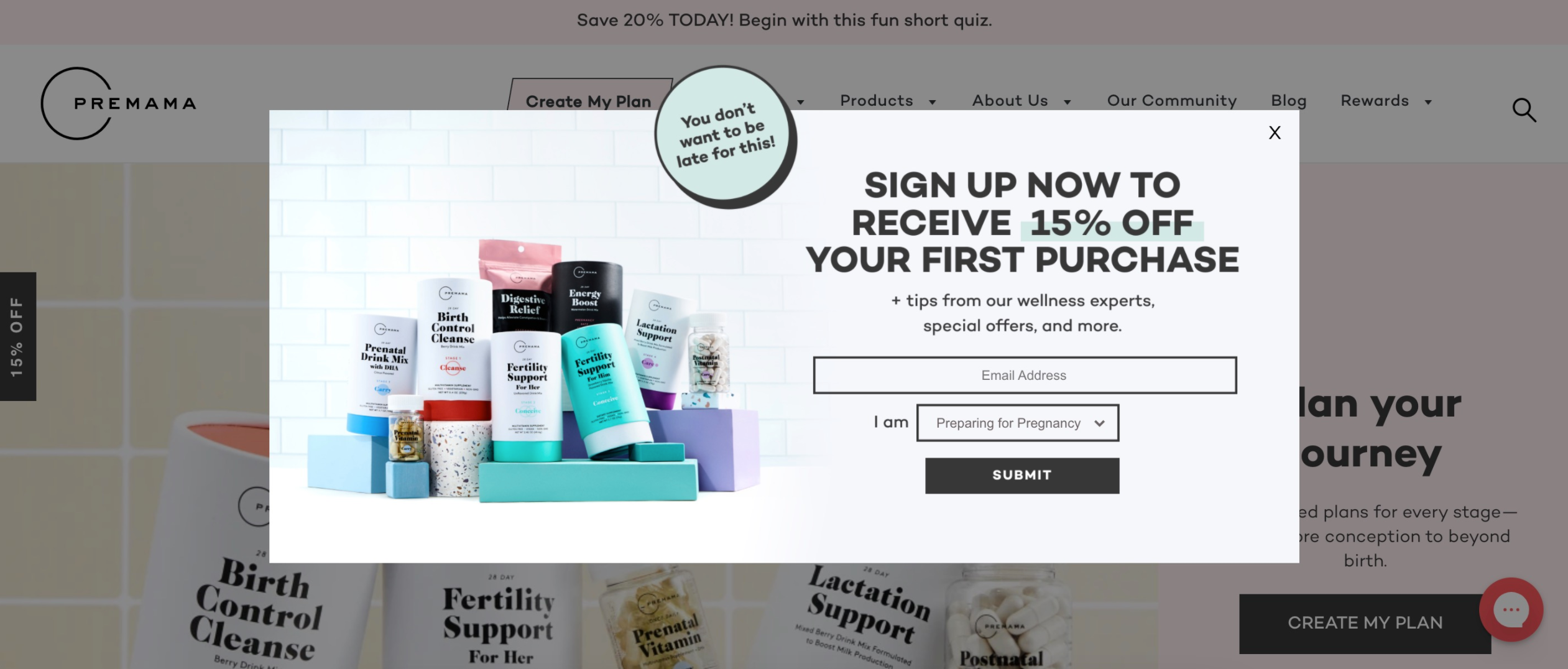 Pop-up from premama offering 15% off for customers who share their email