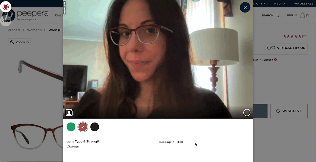 Gif of a woman using AR to try on eyeglasses with Peepers