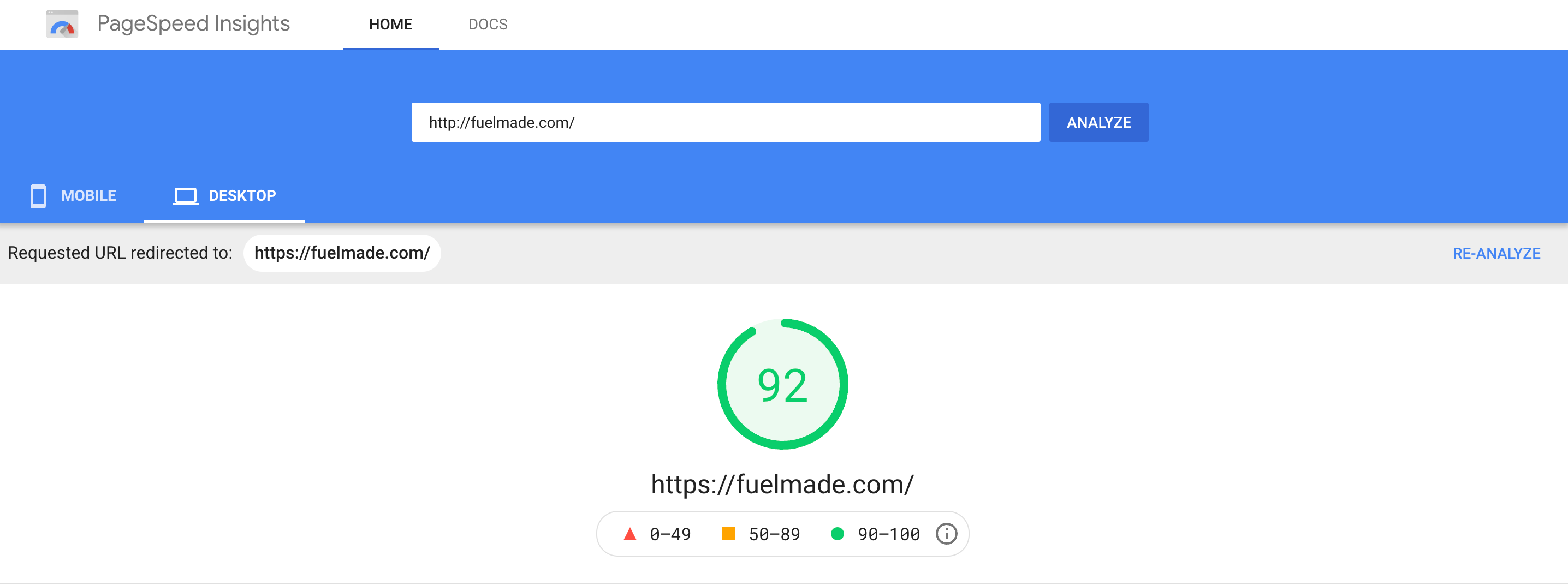 Screenshot of Google PageSpeed Insights from Fuel Made
