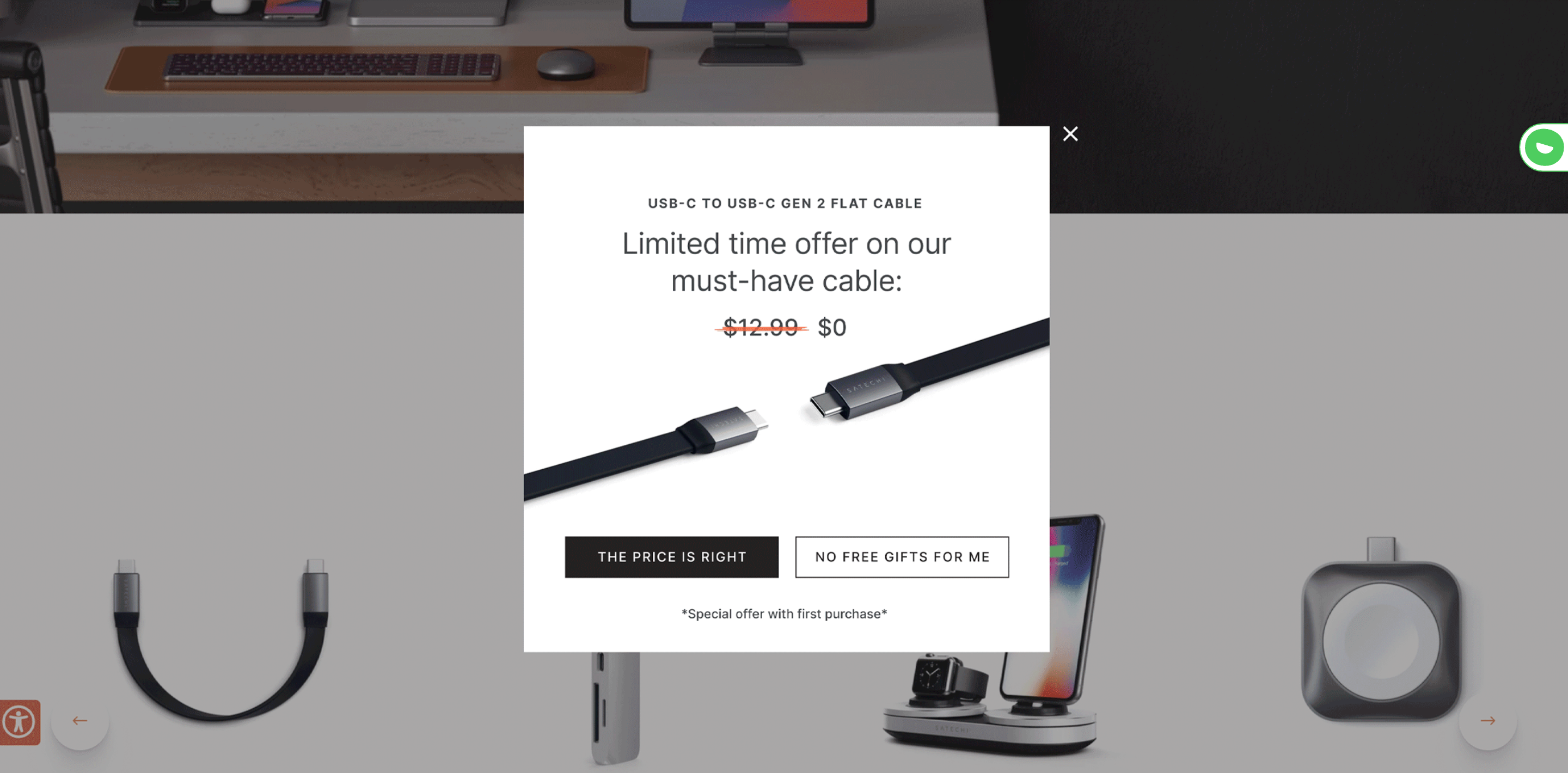 Pop-up from Satechi offering customers a free cable in exchange for their email address.